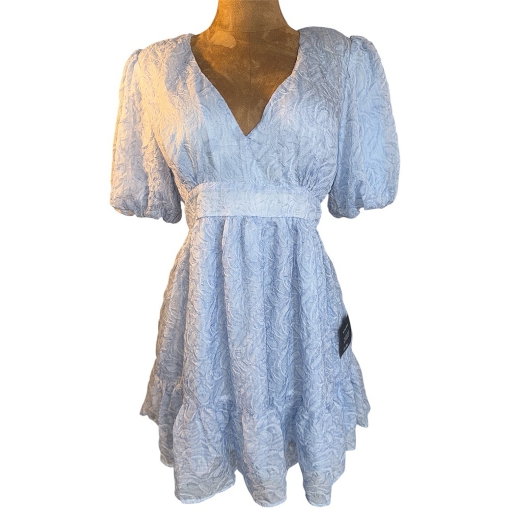 Lulus Romantic Waltz Light Blue Organza Puff Sleeve Mini Dress NWT Sz L​​ - Picture 4 of 11